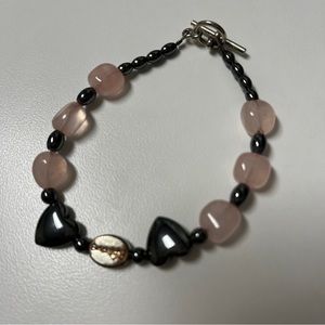 Pink Silver Charcoal Beaded Heart Bracelet.